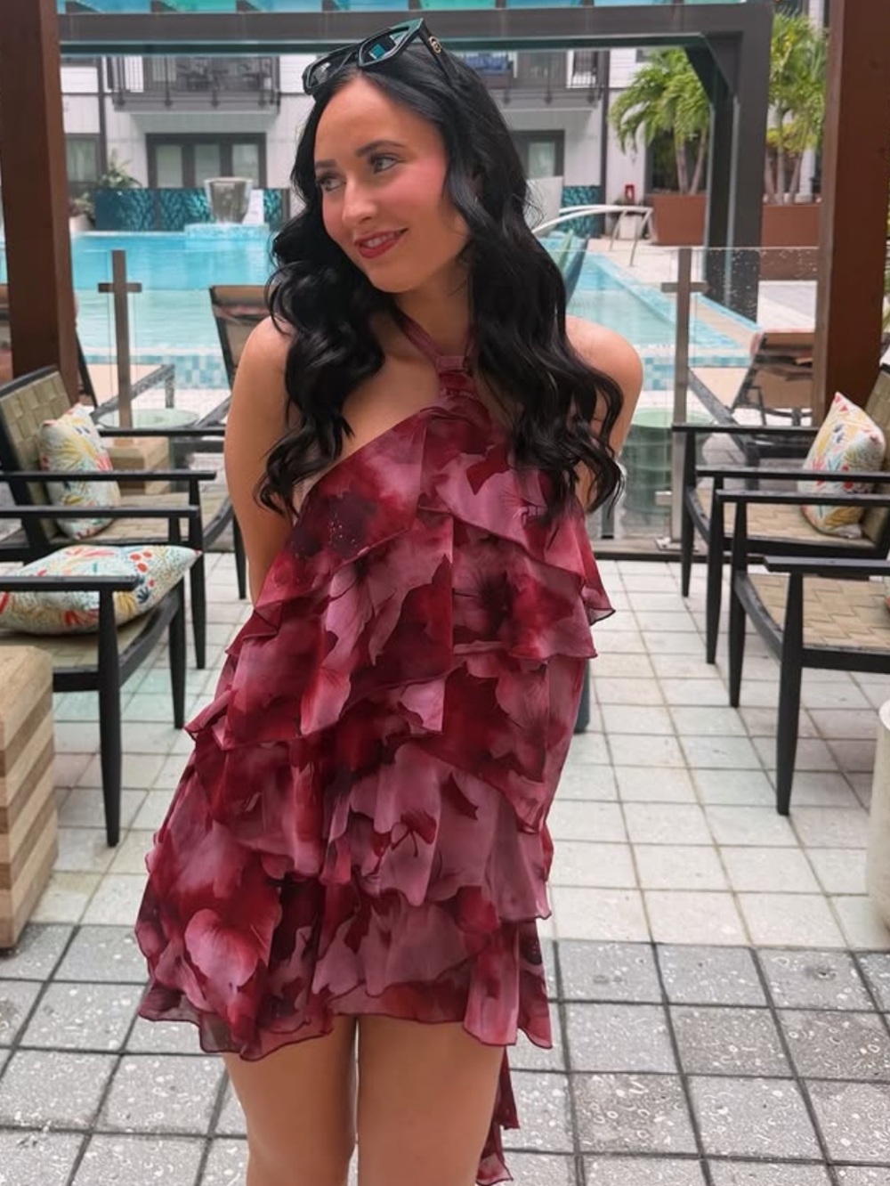 Backless Ruffled Mini Dress in Burgundy Pink